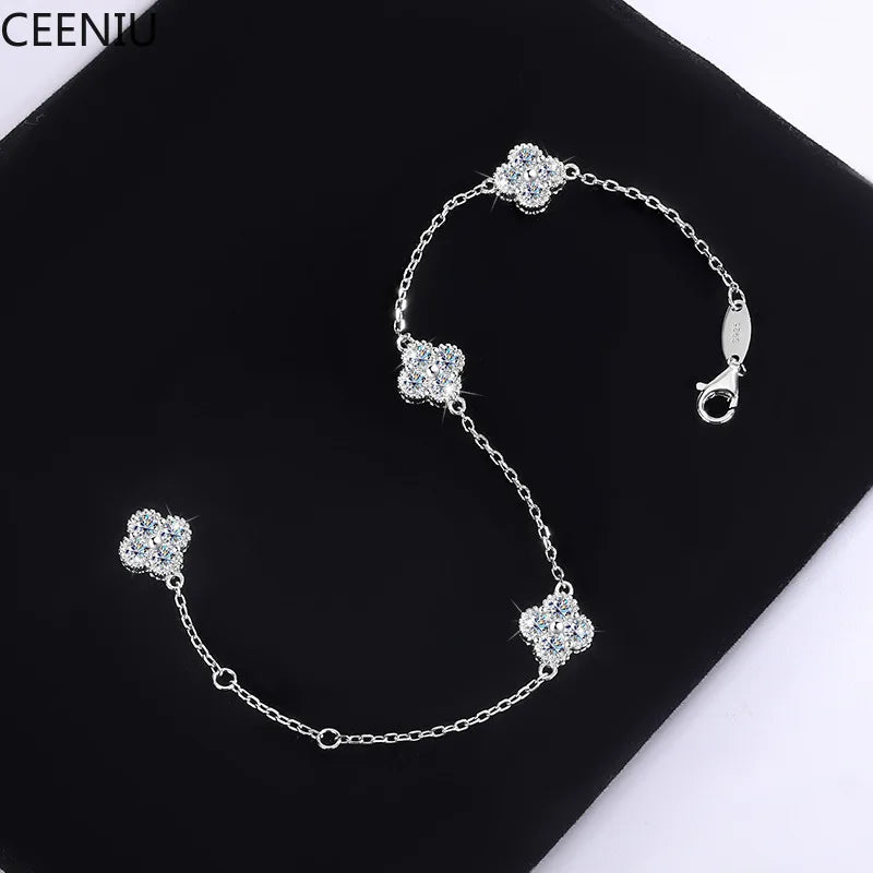 2.4cttw D Color Moissanite Clover Bracelet 925 Sterling Silver Fine Jewelry White Gold Plated Charm Bracelet Bangle Wholesale