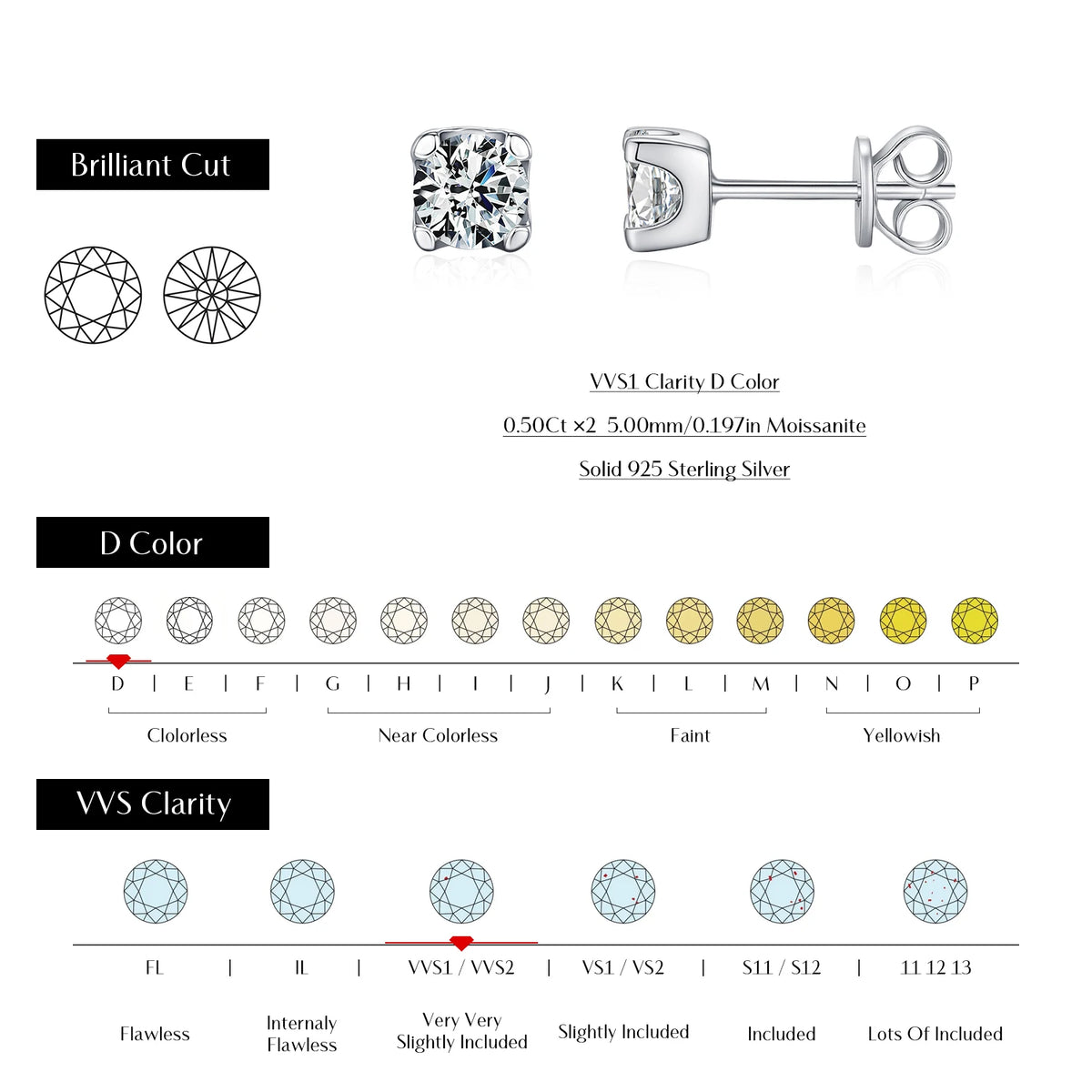 3MM-5MM Size D Color Moissanite 925 Sterling Silver Round Stud Earrings