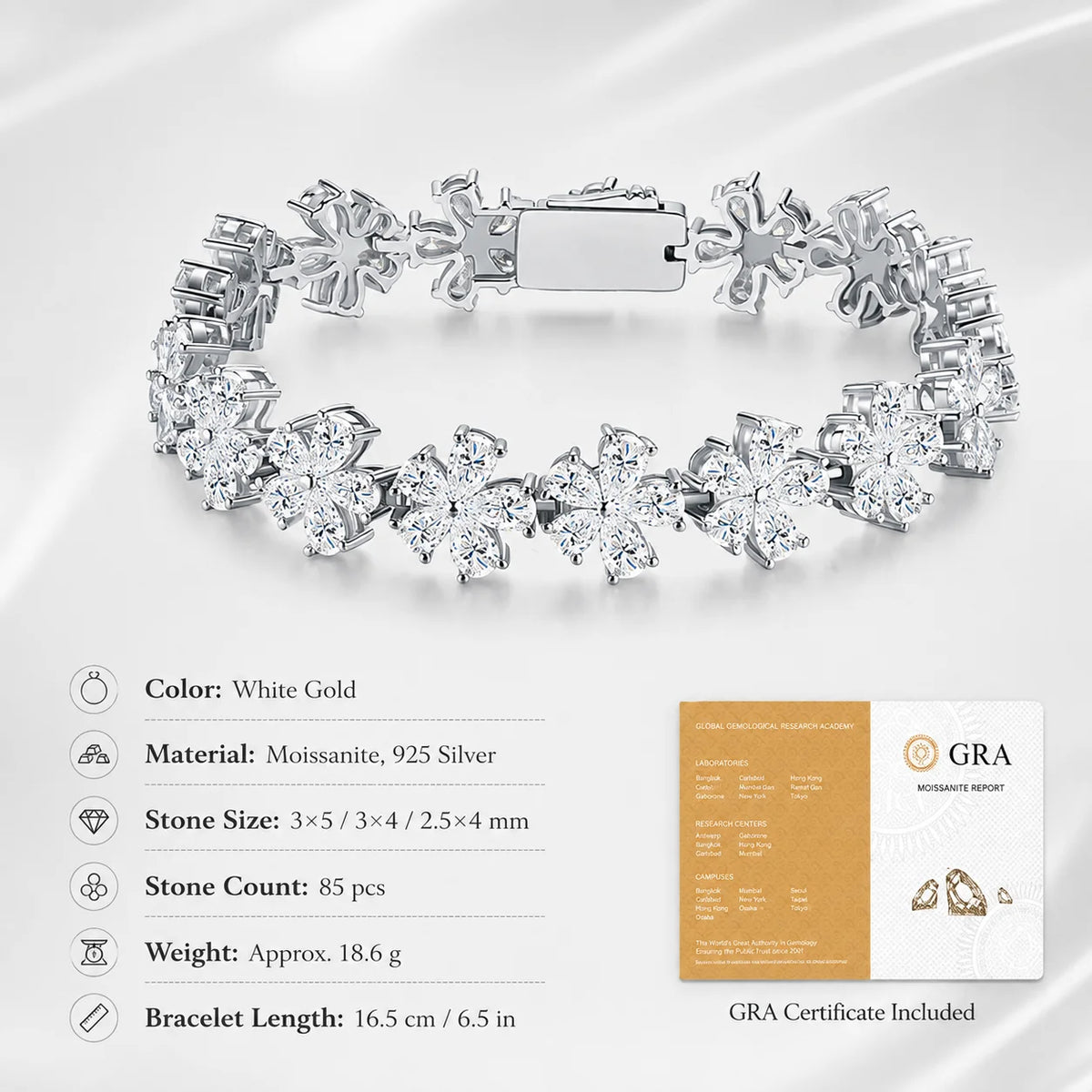 Full Moissanite Clover Bracelet S925 Sterling Silver Marquise Cut Floral Tennis Bracelet D Color VVS1 GRA Certified