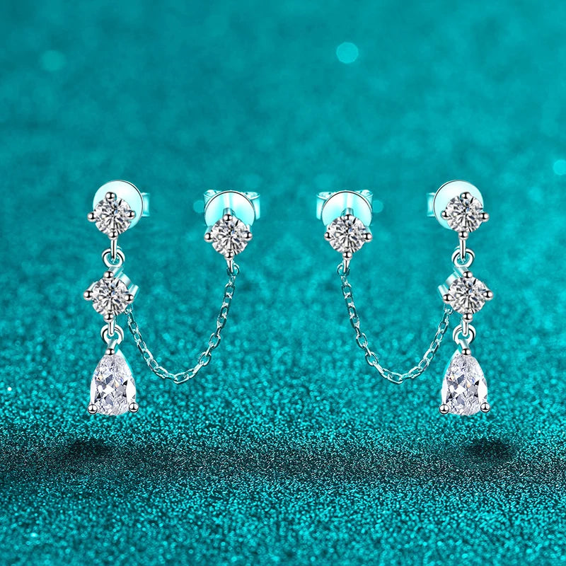 Full Moissanite Stud Chain Earrings 925 Sterling Silver Jewelry